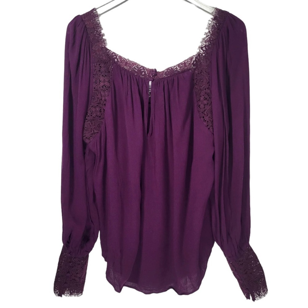Free People Flutter By Peasant Lace Trim Square Neckline Blouse in Plum - Picture 8 of 13